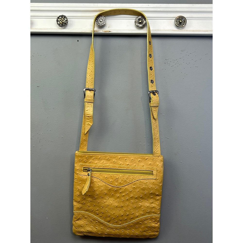 Donald J Pliner Crossbody Bag Mustard Yellow Ostrich Embossed Leather Italy